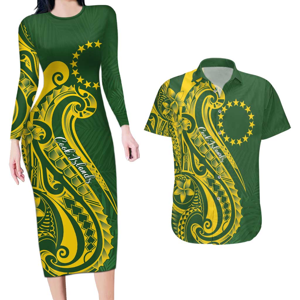 Kia Orana Cook Islands Couples Matching Long Sleeve Bodycon Dress and Hawaiian Shirt Plumeria Tropical Waves LT7 Yellow Green - Polynesian Pride
