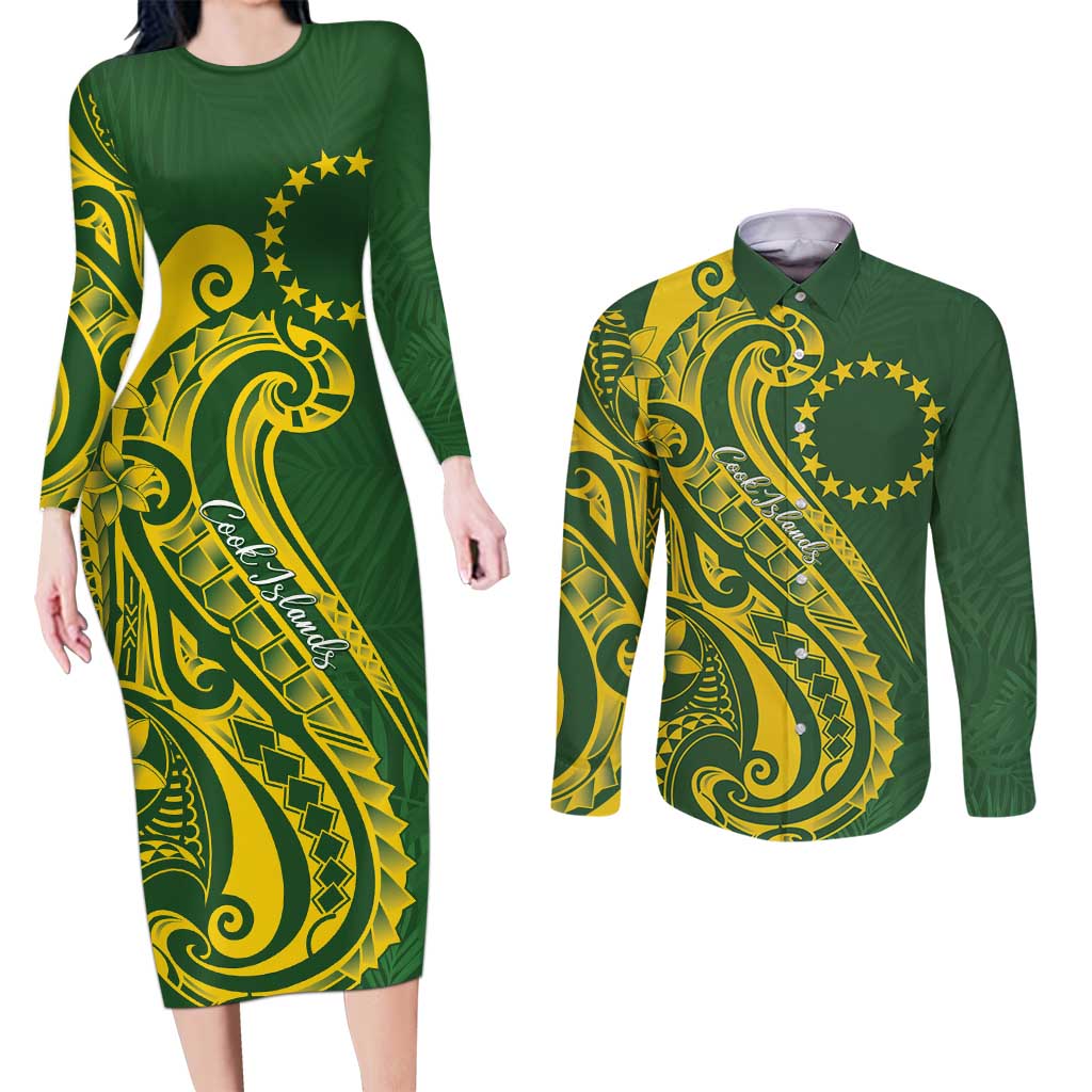 Kia Orana Cook Islands Couples Matching Long Sleeve Bodycon Dress and Long Sleeve Button Shirt Plumeria Tropical Waves LT7 Yellow Green - Polynesian Pride