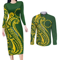 Kia Orana Cook Islands Couples Matching Long Sleeve Bodycon Dress and Long Sleeve Button Shirt Plumeria Tropical Waves LT7 Yellow Green - Polynesian Pride