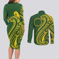 Kia Orana Cook Islands Couples Matching Long Sleeve Bodycon Dress and Long Sleeve Button Shirt Plumeria Tropical Waves LT7 - Polynesian Pride