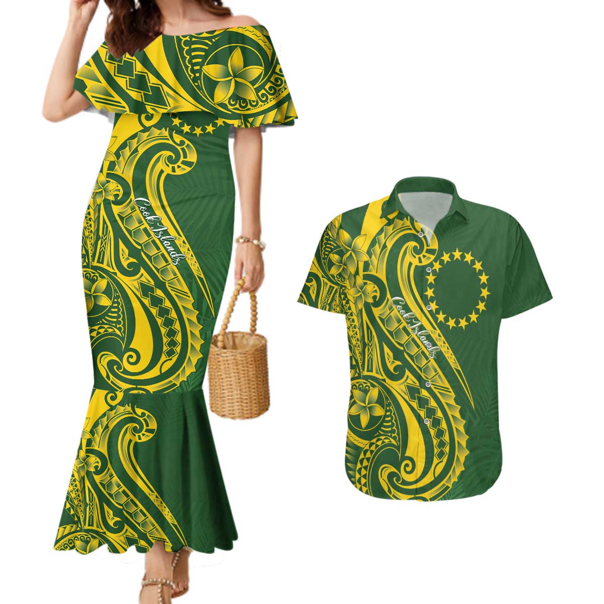 Kia Orana Cook Islands Couples Matching Mermaid Dress and Hawaiian Shirt Plumeria Tropical Waves LT7 Yellow Green - Polynesian Pride