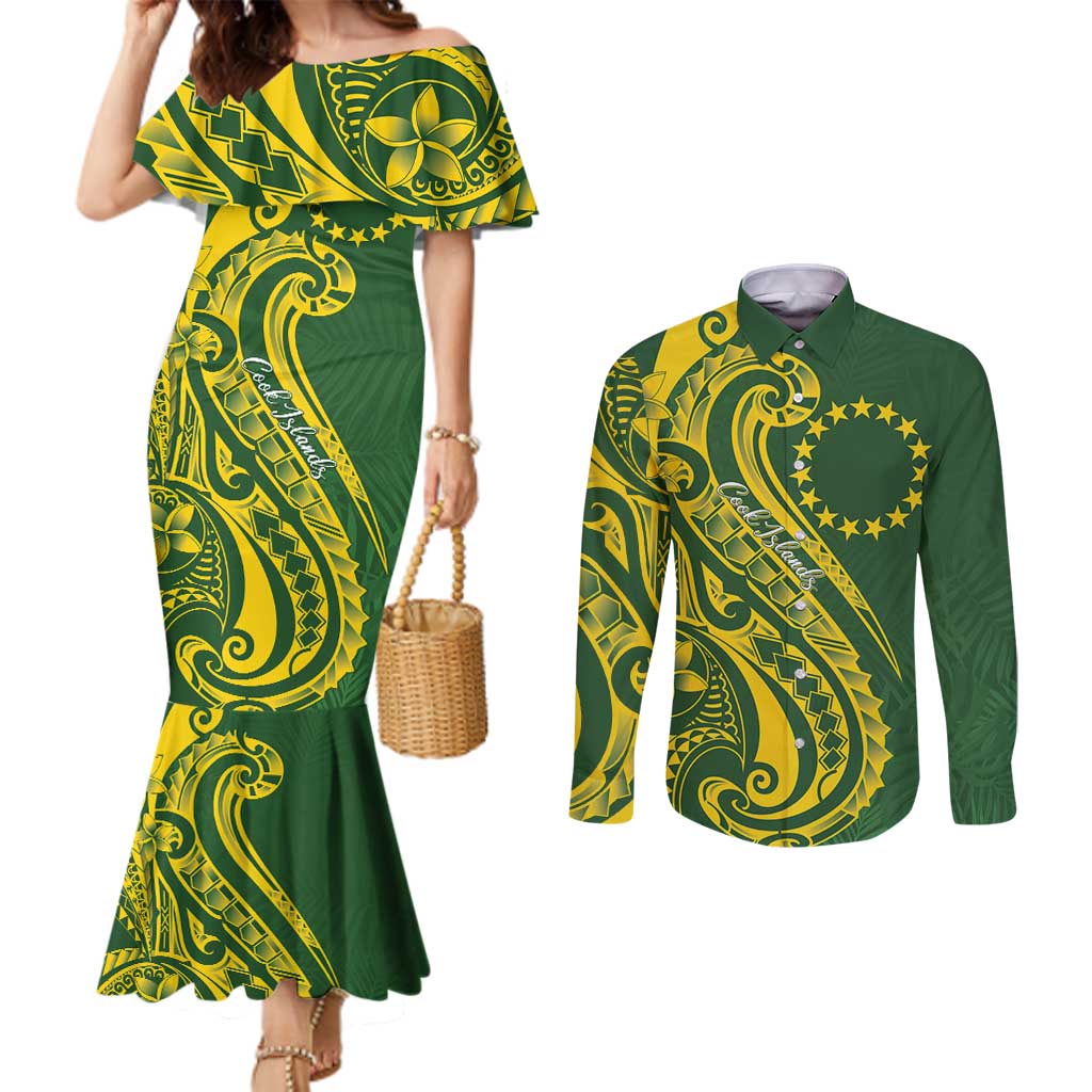 Kia Orana Cook Islands Couples Matching Mermaid Dress and Long Sleeve Button Shirt Plumeria Tropical Waves LT7 Yellow Green - Polynesian Pride