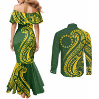 Kia Orana Cook Islands Couples Matching Mermaid Dress and Long Sleeve Button Shirt Plumeria Tropical Waves LT7 - Polynesian Pride