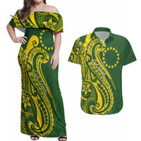 Kia Orana Cook Islands Couples Matching Off Shoulder Maxi Dress and Hawaiian Shirt Plumeria Tropical Waves LT7 Yellow Green - Polynesian Pride