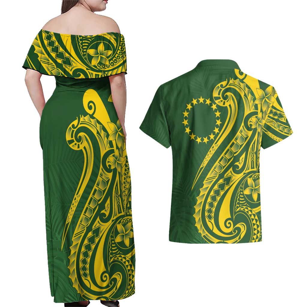 Kia Orana Cook Islands Couples Matching Off Shoulder Maxi Dress and Hawaiian Shirt Plumeria Tropical Waves LT7 - Polynesian Pride