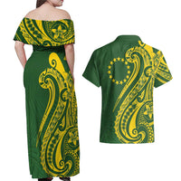 Kia Orana Cook Islands Couples Matching Off Shoulder Maxi Dress and Hawaiian Shirt Plumeria Tropical Waves LT7 - Polynesian Pride