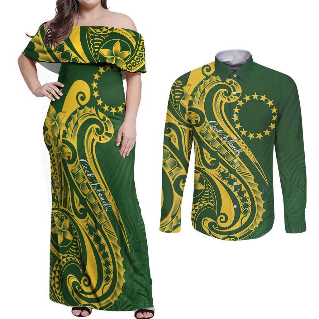 Kia Orana Cook Islands Couples Matching Off Shoulder Maxi Dress and Long Sleeve Button Shirt Plumeria Tropical Waves LT7 Yellow Green - Polynesian Pride