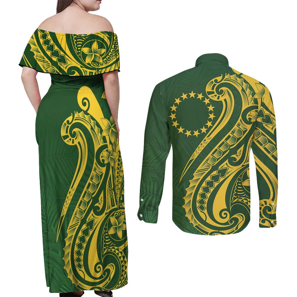 Kia Orana Cook Islands Couples Matching Off Shoulder Maxi Dress and Long Sleeve Button Shirt Plumeria Tropical Waves LT7 - Polynesian Pride