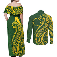 Kia Orana Cook Islands Couples Matching Off Shoulder Maxi Dress and Long Sleeve Button Shirt Plumeria Tropical Waves LT7 - Polynesian Pride