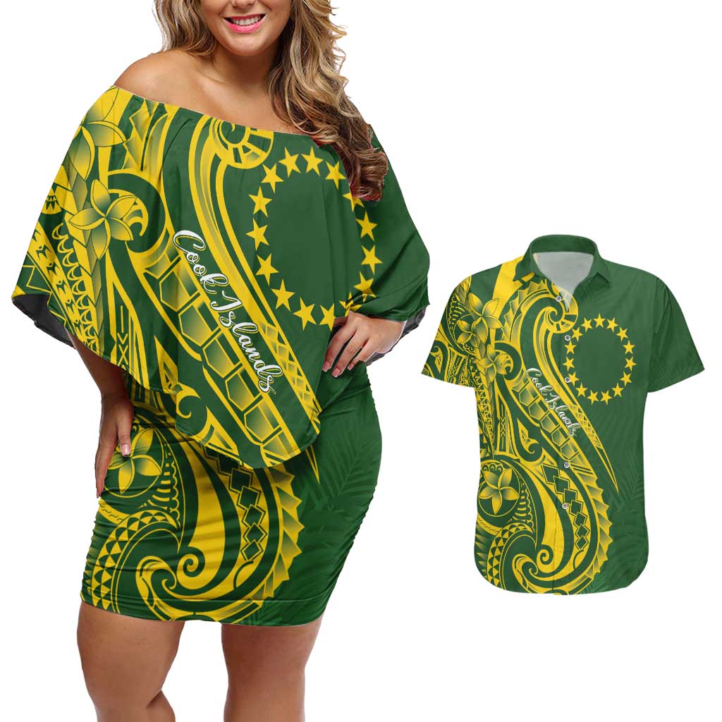 Kia Orana Cook Islands Couples Matching Off Shoulder Short Dress and Hawaiian Shirt Plumeria Tropical Waves LT7 Yellow Green - Polynesian Pride