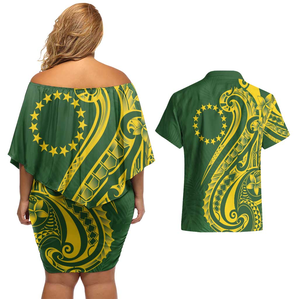 Kia Orana Cook Islands Couples Matching Off Shoulder Short Dress and Hawaiian Shirt Plumeria Tropical Waves LT7 - Polynesian Pride