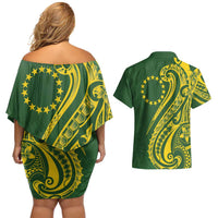 Kia Orana Cook Islands Couples Matching Off Shoulder Short Dress and Hawaiian Shirt Plumeria Tropical Waves LT7 - Polynesian Pride
