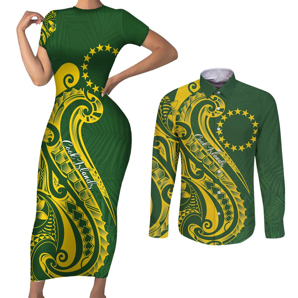 Kia Orana Cook Islands Couples Matching Short Sleeve Bodycon Dress and Long Sleeve Button Shirt Plumeria Tropical Waves LT7 Yellow Green - Polynesian Pride