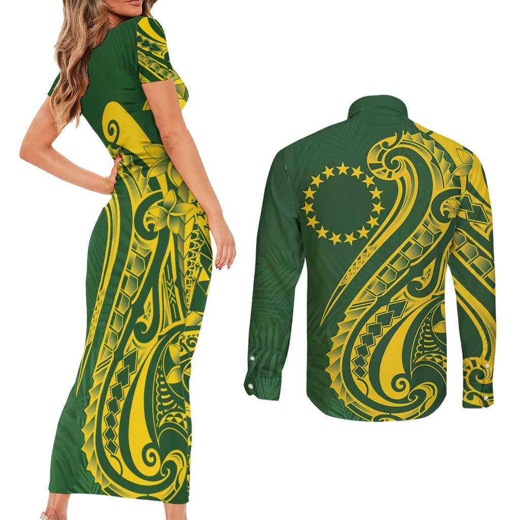 Kia Orana Cook Islands Couples Matching Short Sleeve Bodycon Dress and Long Sleeve Button Shirt Plumeria Tropical Waves LT7 - Polynesian Pride