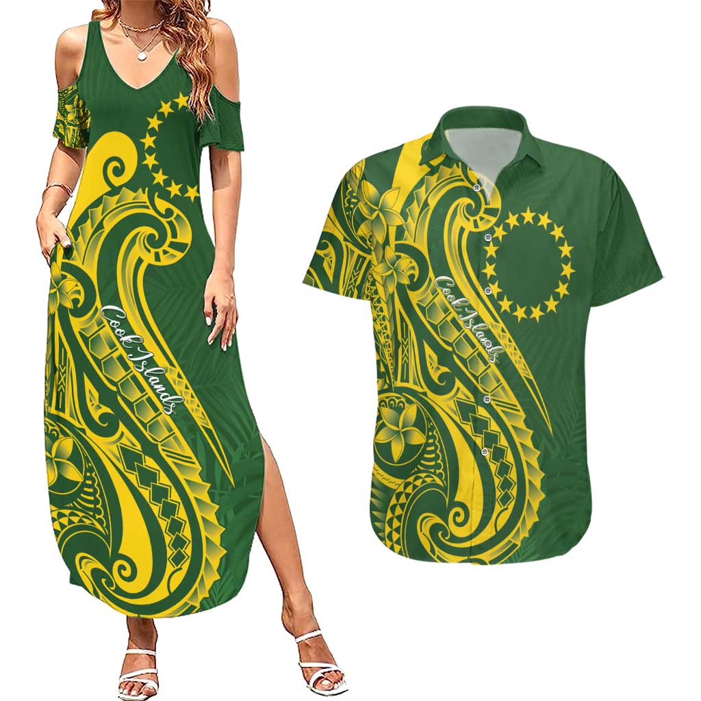 Kia Orana Cook Islands Couples Matching Summer Maxi Dress and Hawaiian Shirt Plumeria Tropical Waves LT7 Yellow Green - Polynesian Pride