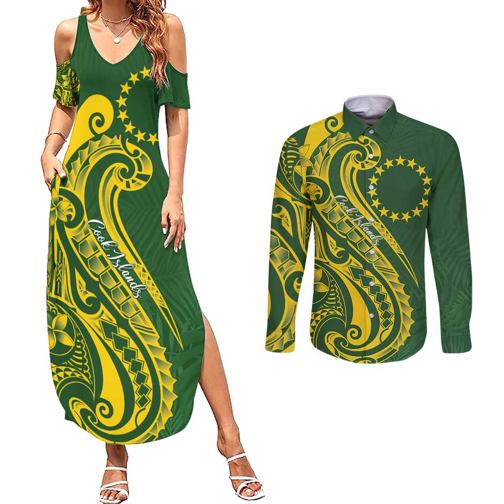 Kia Orana Cook Islands Couples Matching Summer Maxi Dress and Long Sleeve Button Shirt Plumeria Tropical Waves LT7 Yellow Green - Polynesian Pride