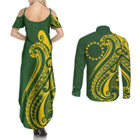 Kia Orana Cook Islands Couples Matching Summer Maxi Dress and Long Sleeve Button Shirt Plumeria Tropical Waves LT7 - Polynesian Pride