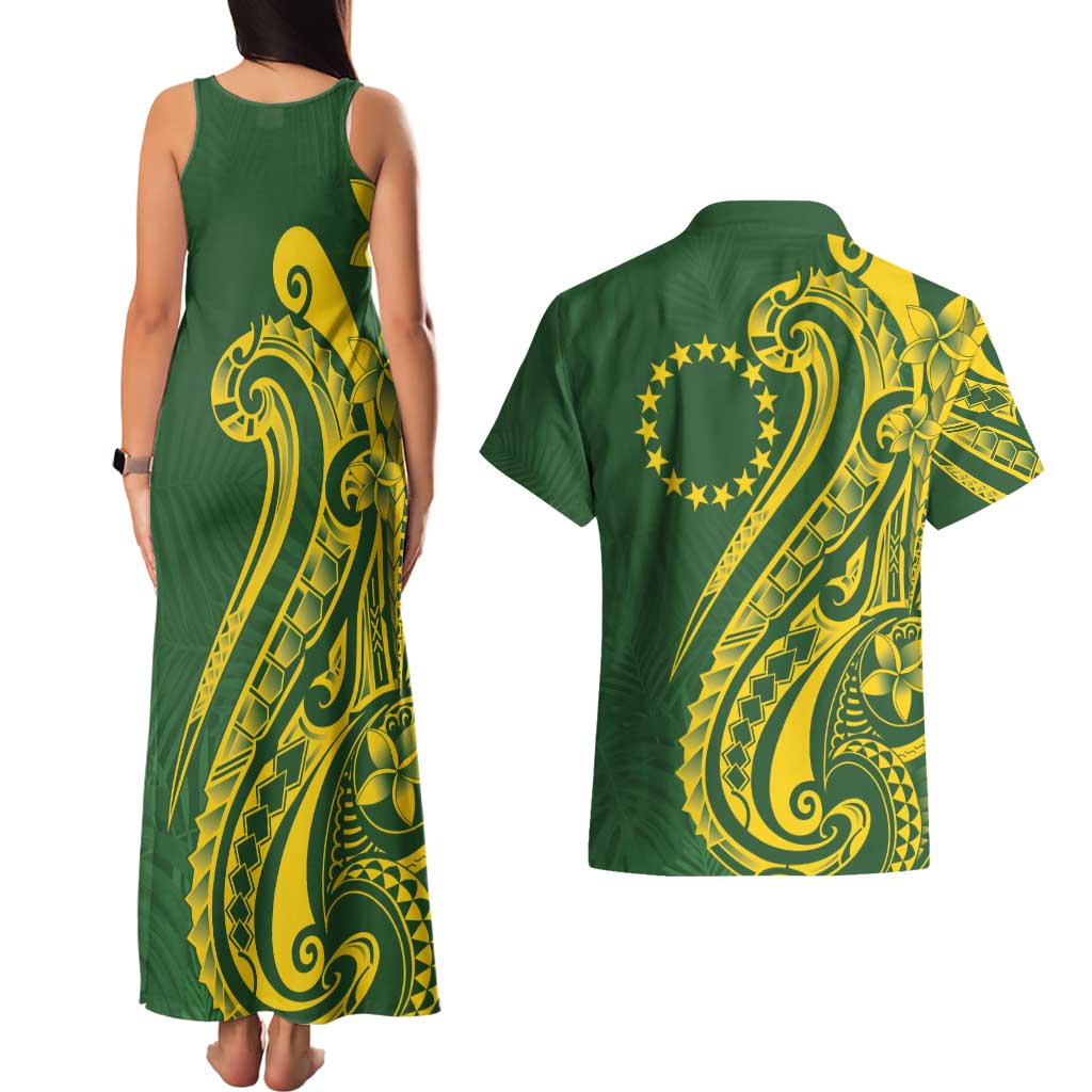 Kia Orana Cook Islands Couples Matching Tank Maxi Dress and Hawaiian Shirt Plumeria Tropical Waves LT7 - Polynesian Pride