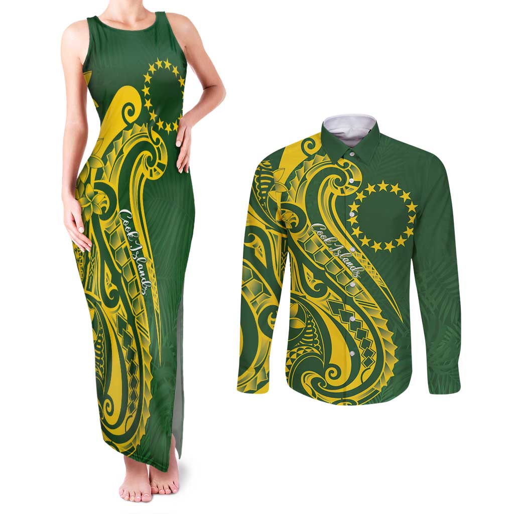 Kia Orana Cook Islands Couples Matching Tank Maxi Dress and Long Sleeve Button Shirt Plumeria Tropical Waves LT7 Yellow Green - Polynesian Pride