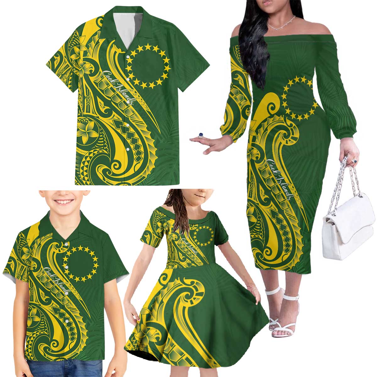 Kia Orana Cook Islands Family Matching Off The Shoulder Long Sleeve Dress and Hawaiian Shirt Plumeria Tropical Waves LT7 - Polynesian Pride