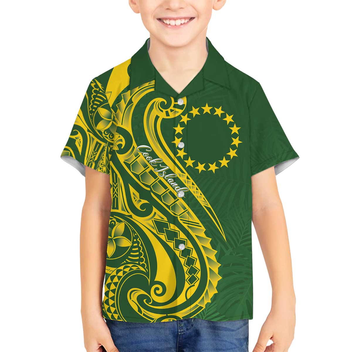 Kia Orana Cook Islands Family Matching Off The Shoulder Long Sleeve Dress and Hawaiian Shirt Plumeria Tropical Waves LT7 Son's Shirt Yellow Green - Polynesian Pride