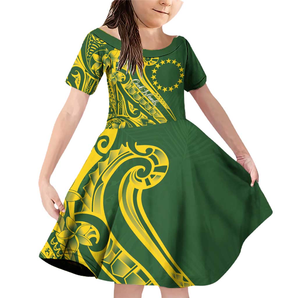 Kia Orana Cook Islands Family Matching Off Shoulder Short Dress and Hawaiian Shirt Plumeria Tropical Waves LT7 Daughter's Dress Yellow Green - Polynesian Pride