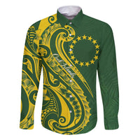 Kia Orana Cook Islands Family Matching Off Shoulder Short Dress and Hawaiian Shirt Plumeria Tropical Waves LT7 Dad's Shirt - Long Sleeve Yellow Green - Polynesian Pride