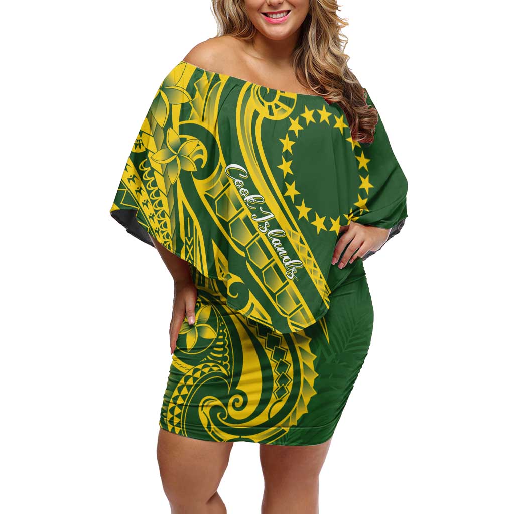 Kia Orana Cook Islands Family Matching Off Shoulder Short Dress and Hawaiian Shirt Plumeria Tropical Waves LT7 Mom's Dress Yellow Green - Polynesian Pride