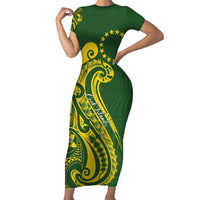 Kia Orana Cook Islands Family Matching Short Sleeve Bodycon Dress and Hawaiian Shirt Plumeria Tropical Waves LT7 Mom's Dress Yellow Green - Polynesian Pride