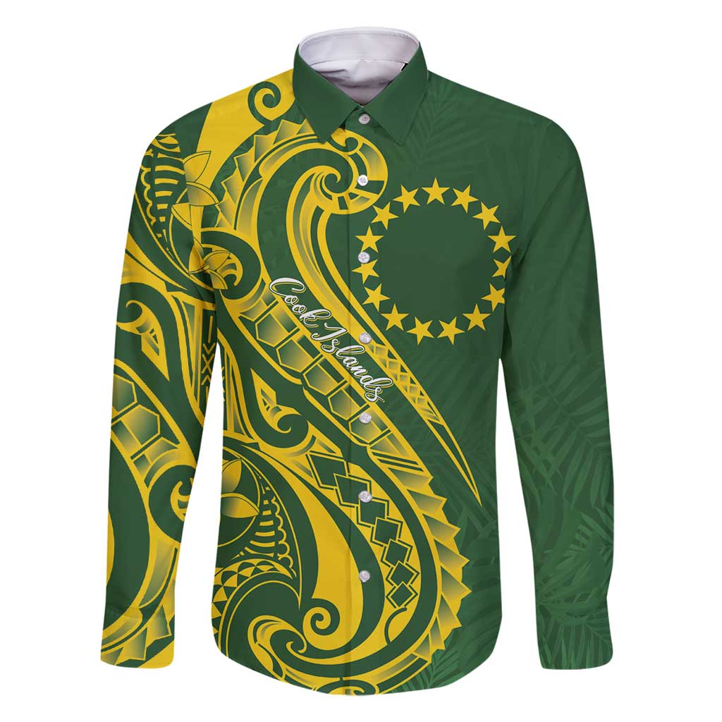 Kia Orana Cook Islands Family Matching Tank Maxi Dress and Hawaiian Shirt Plumeria Tropical Waves LT7 Dad's Shirt - Long Sleeve Yellow Green - Polynesian Pride