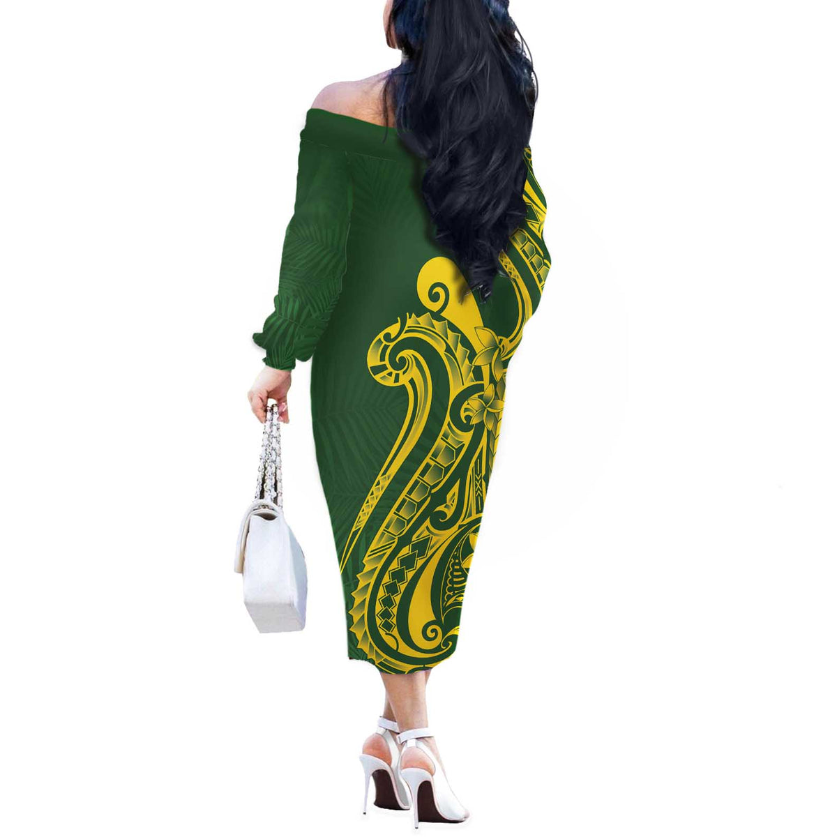 Kia Orana Cook Islands Off The Shoulder Long Sleeve Dress Plumeria Tropical Waves LT7 - Polynesian Pride