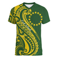 Kia Orana Cook Islands Women V-Neck T-Shirt Plumeria Tropical Waves LT7 Female Yellow Green - Polynesian Pride