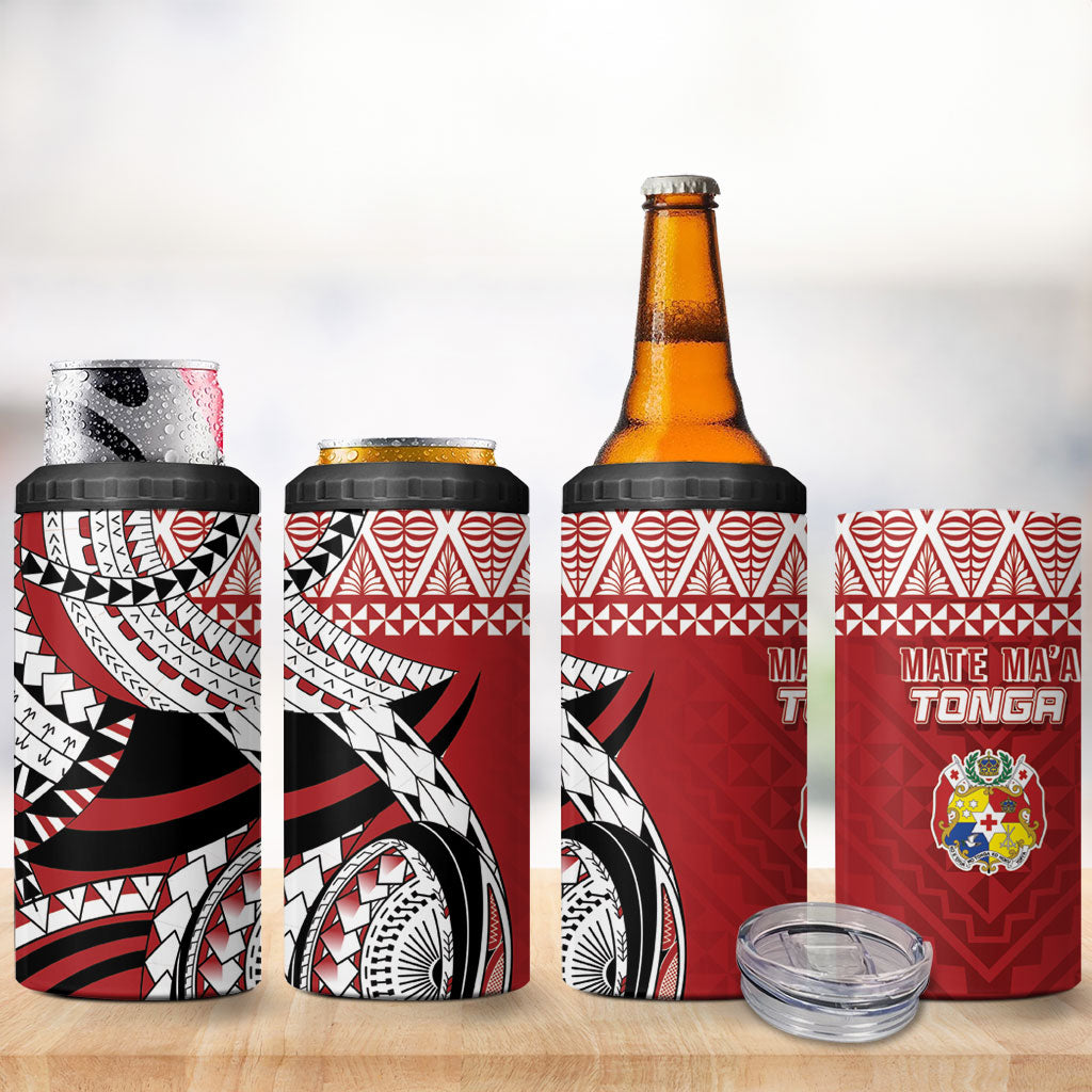 Mate Ma'a Tonga Rugby Kupesi Motifs 4 in 1 Can Cooler Tumbler Red Waves LT7 - Polynesian Pride