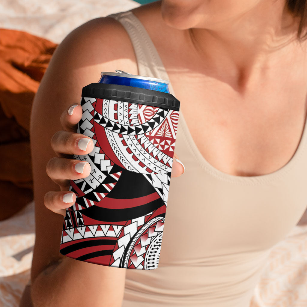 Mate Ma'a Tonga Rugby Kupesi Motifs 4 in 1 Can Cooler Tumbler Red Waves LT7 - Polynesian Pride
