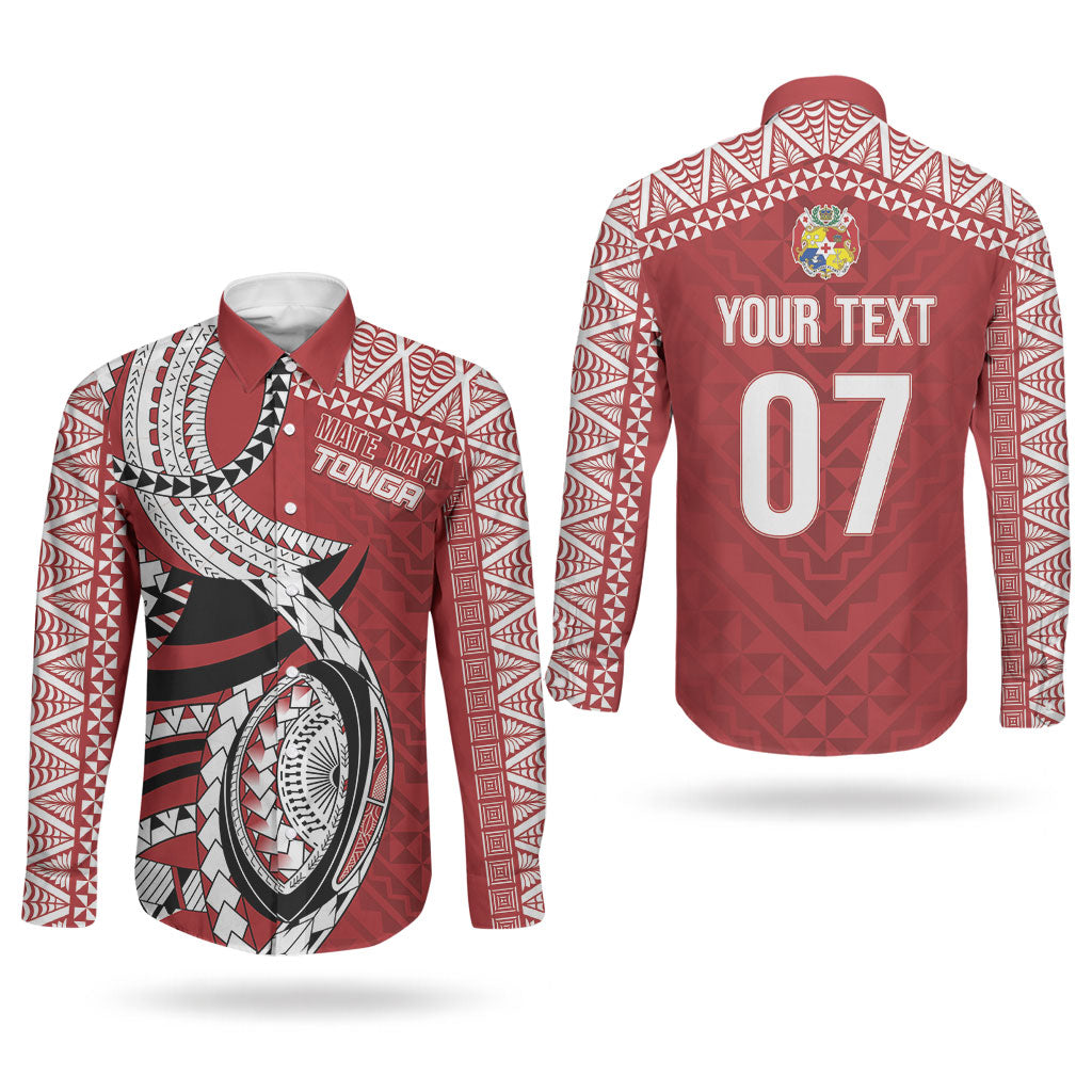 Mate Ma'a Tonga Rugby Custom Kupesi Motifs Couples Matching Mermaid Dress and Long Sleeve Button Shirt Red Waves LT7 - Polynesian Pride