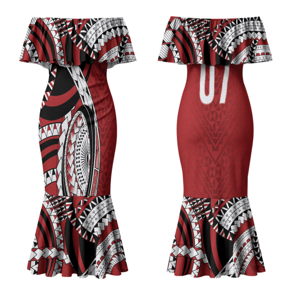Mate Ma'a Tonga Rugby Custom Kupesi Motifs Couples Matching Mermaid Dress and Long Sleeve Button Shirt Red Waves LT7 - Polynesian Pride