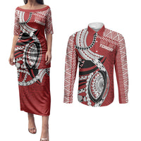 Mate Ma'a Tonga Rugby Custom Kupesi Motifs Couples Matching Puletasi and Long Sleeve Button Shirt Red Waves LT7 Red - Polynesian Pride