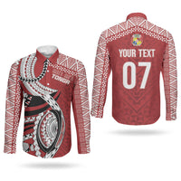 Mate Ma'a Tonga Rugby Custom Kupesi Motifs Couples Matching Puletasi and Long Sleeve Button Shirt Red Waves LT7 - Polynesian Pride