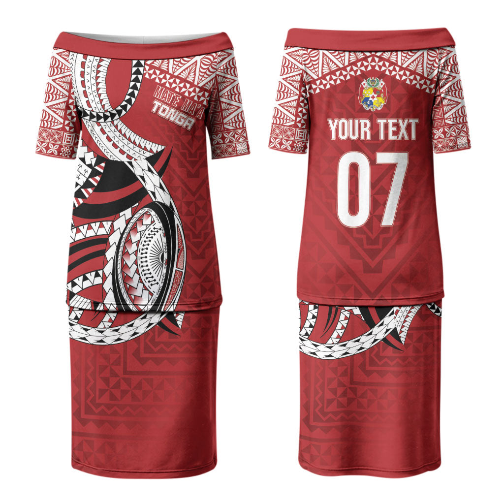 Mate Ma'a Tonga Rugby Custom Kupesi Motifs Couples Matching Puletasi and Long Sleeve Button Shirt Red Waves LT7 - Polynesian Pride