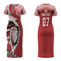 Mate Ma'a Tonga Rugby Custom Kupesi Motifs Couples Matching Short Sleeve Bodycon Dress and Hawaiian Shirt Red Waves LT7 - Polynesian Pride