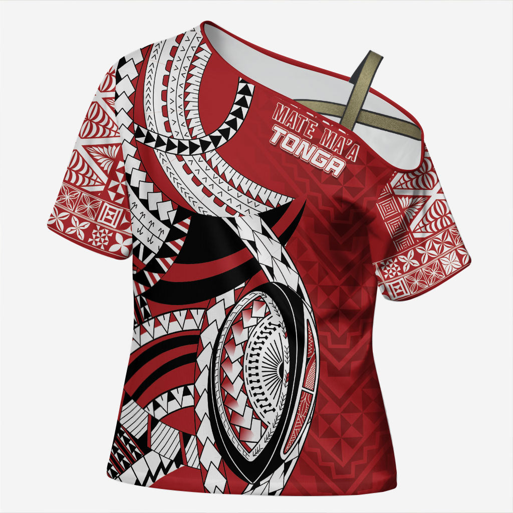 Mate Ma'a Tonga Rugby Custom Kupesi Motifs Cross Shoulder Shirt Red Waves
