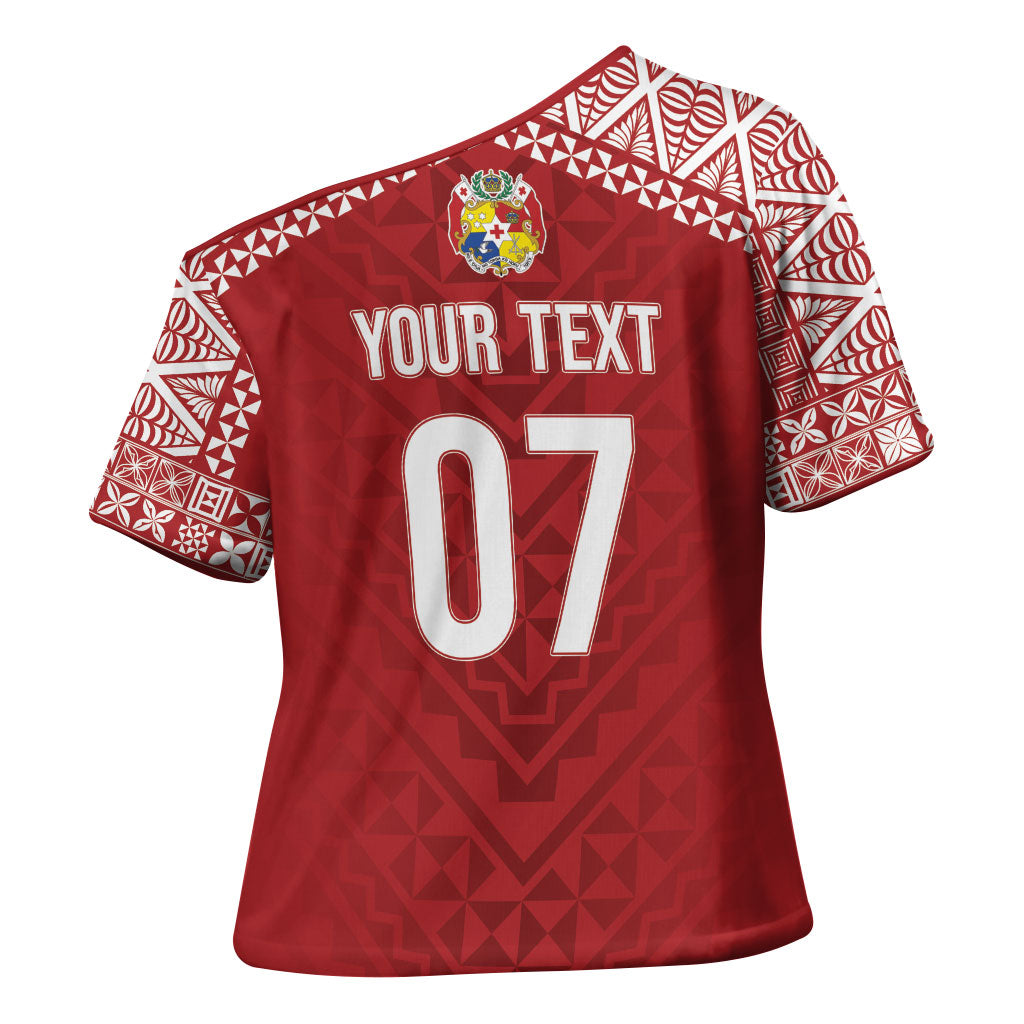 Mate Ma'a Tonga Rugby Custom Kupesi Motifs Cross Shoulder Shirt Red Waves LT7 - Polynesian Pride