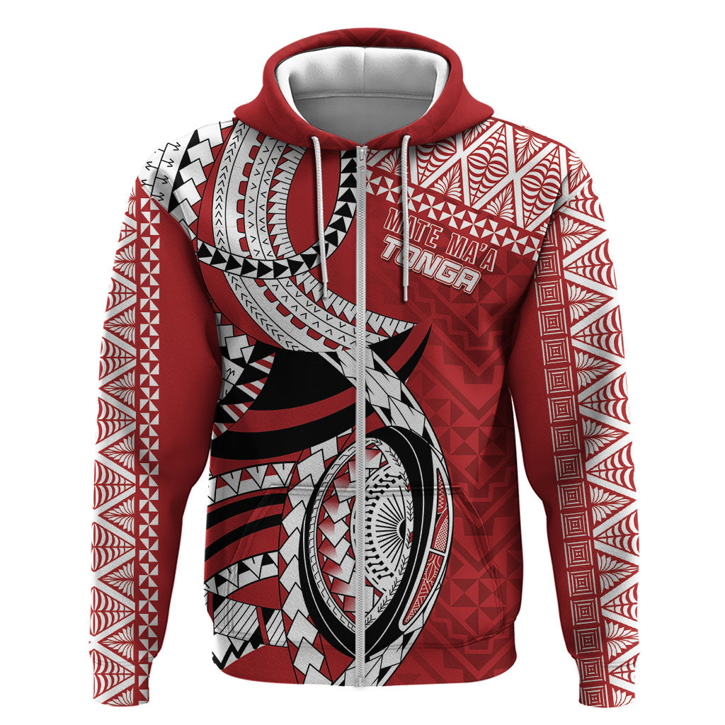 Mate Ma'a Tonga Rugby Custom Kupesi Motifs Hoodie Red Waves LT7 Zip Hoodie Red - Polynesian Pride