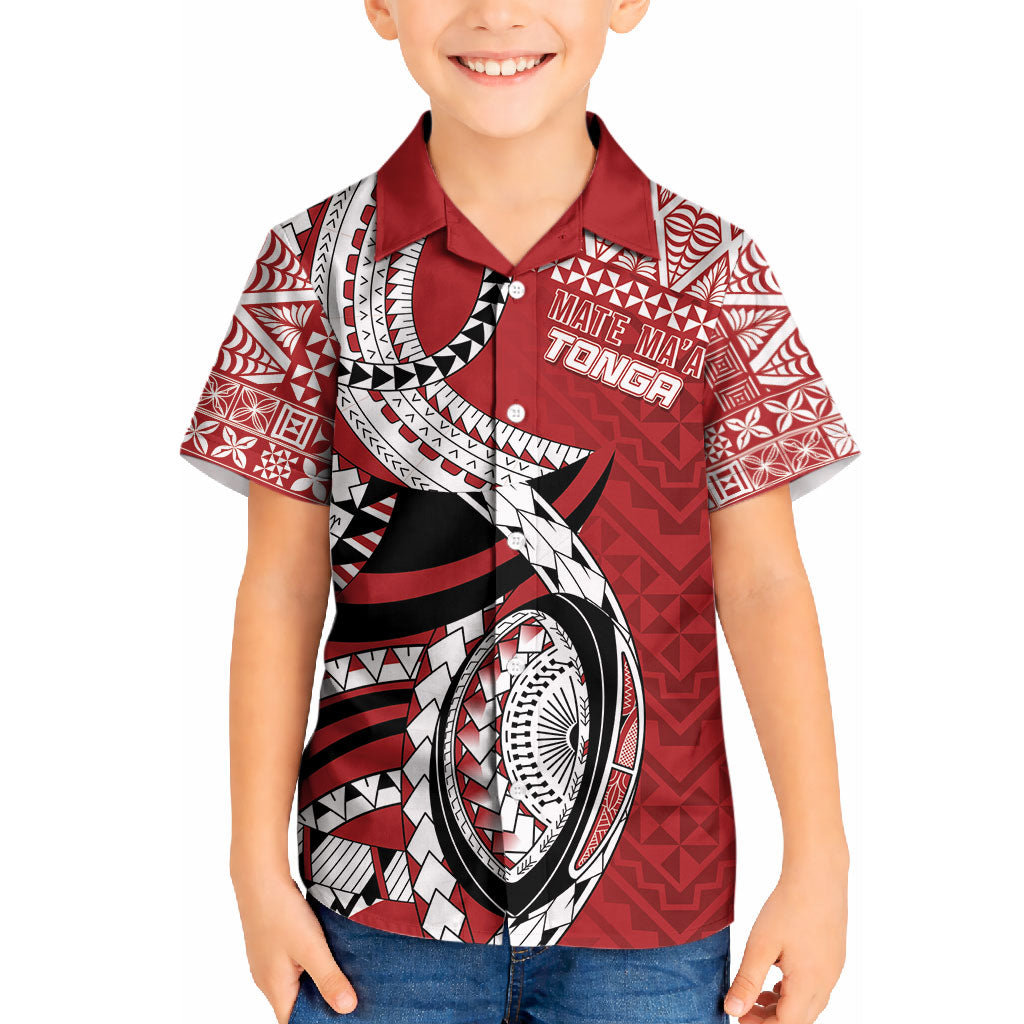 Mate Ma'a Tonga Rugby Custom Kupesi Motifs Kid Hawaiian Shirt Red Waves