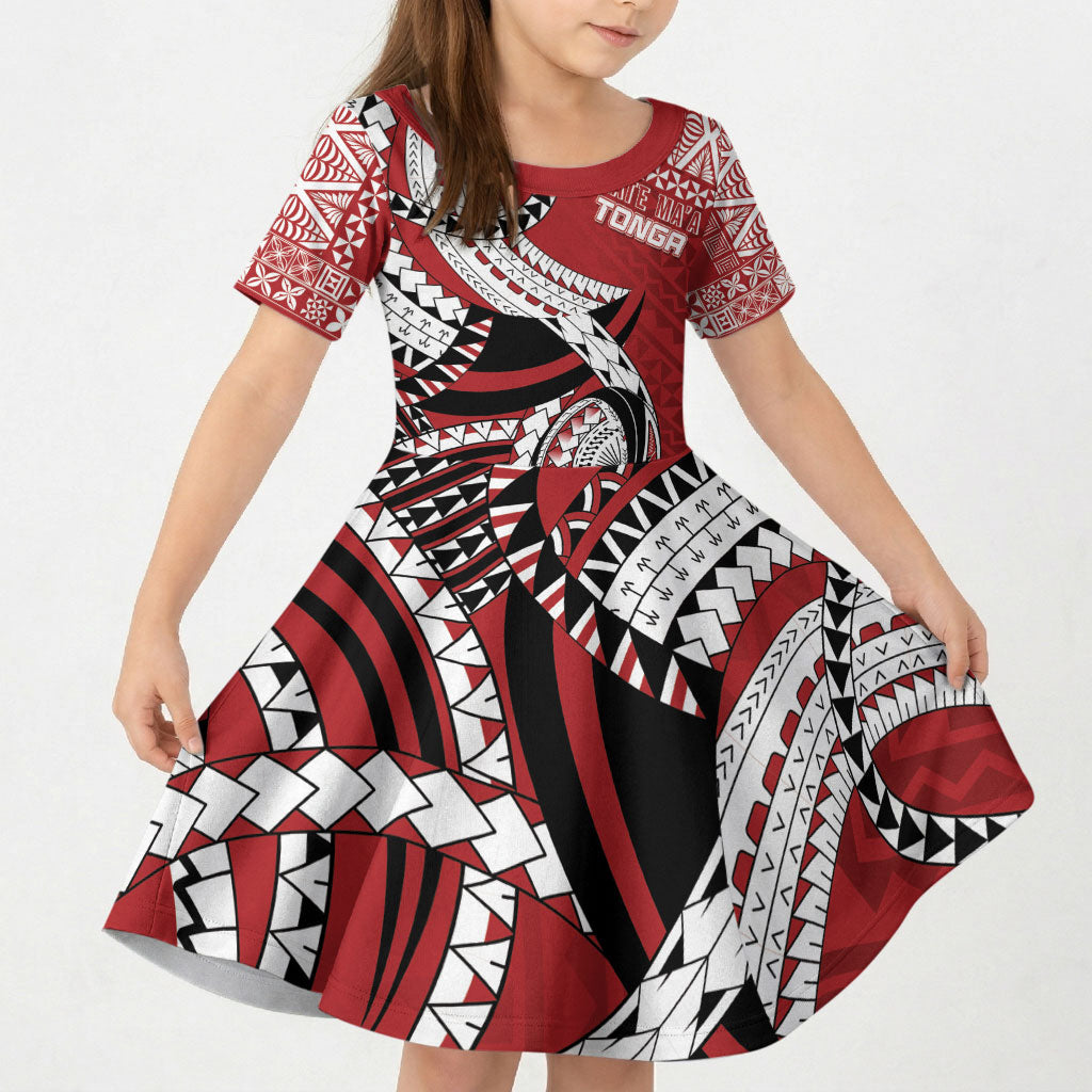 Mate Ma'a Tonga Rugby Custom Kupesi Motifs Kid Short Sleeve Dress Red Waves