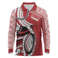 Mate Ma'a Tonga Rugby Custom Kupesi Motifs Long Sleeve Polo Shirt Red Waves LT7 Red - Polynesian Pride