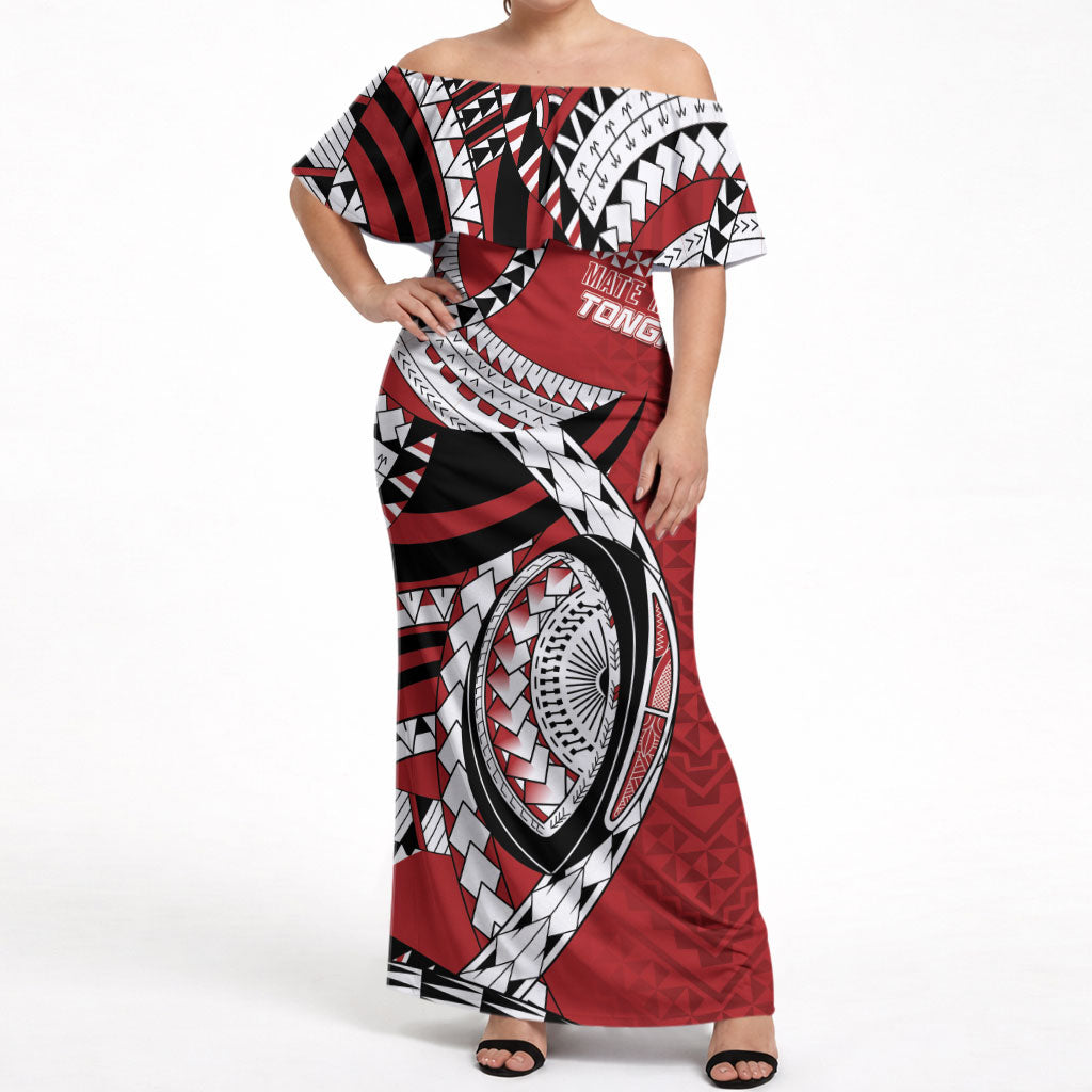 Mate Ma'a Tonga Rugby Custom Kupesi Motifs Off Shoulder Maxi Dress Red Waves