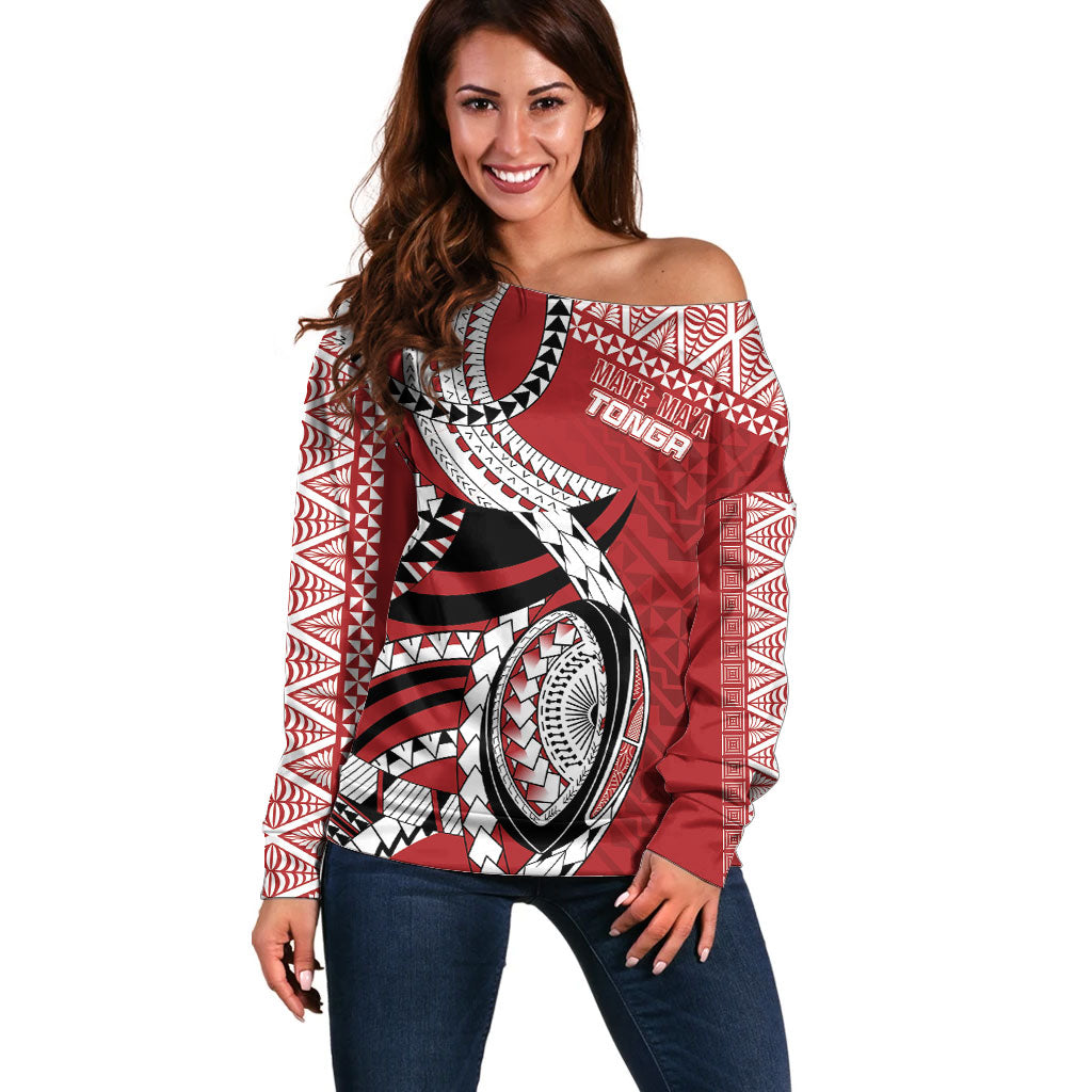 Mate Ma'a Tonga Rugby Custom Kupesi Motifs Off Shoulder Sweater Red Waves