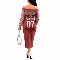 Mate Ma'a Tonga Rugby Custom Kupesi Motifs Off The Shoulder Long Sleeve Dress Red Waves LT7 - Polynesian Pride