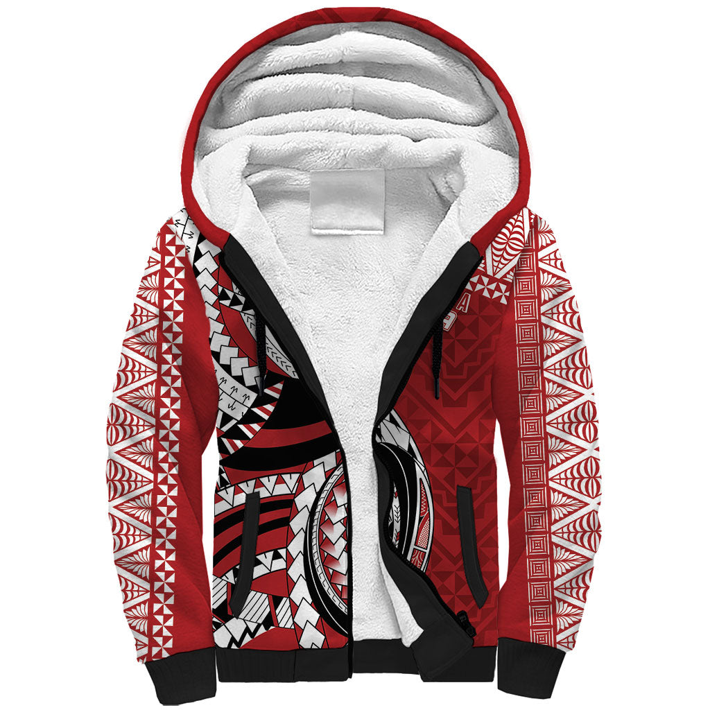 Mate Ma'a Tonga Rugby Custom Kupesi Motifs Sherpa Hoodie Red Waves LT7 Unisex Red - Polynesian Pride